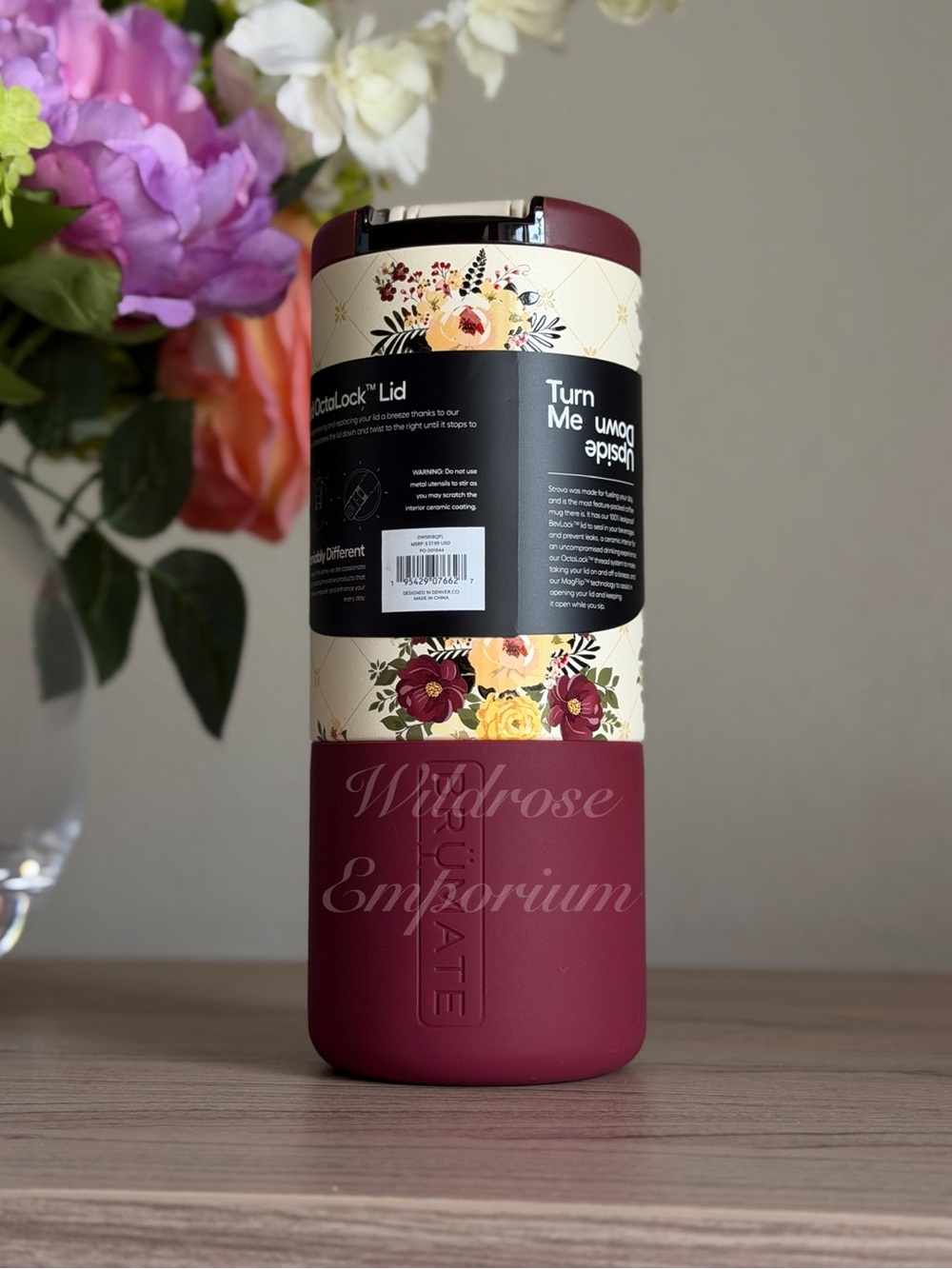 BRUMATE QUILTED FLORALS STROVA COFFEE TO GO MUG MAROON YELLOW FALL AUTUMN NWT